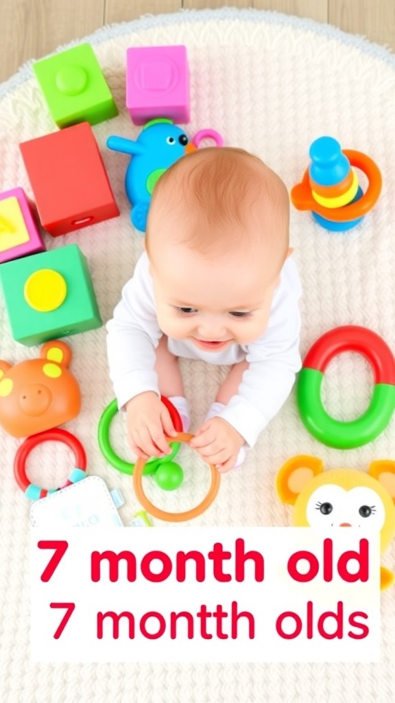 A variety of safe and colorful toys for a 7-month-old baby, including blocks and teething rings on a play mat.